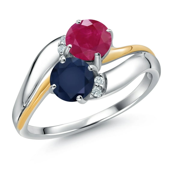 Gem Stone King 925 Sterling Silver and 10K Yellow Gold Blue Sapphire Red Ruby 5MM Round 2 Stone and Lab Grown Diamond Accent Ring for Women (1.18 Cttw, Gemstone September Birthstone, Size 5)