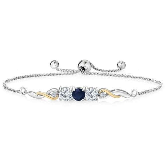 925 Sterling Silver and 10K Yellow Gold Blue Sapphire White Moissanite and White Lab Grown Diamond Tennis Bracelet for Women (1.62 Cttw, Gemstone September Birthstone, Fully Adjustable up to 9 inch)