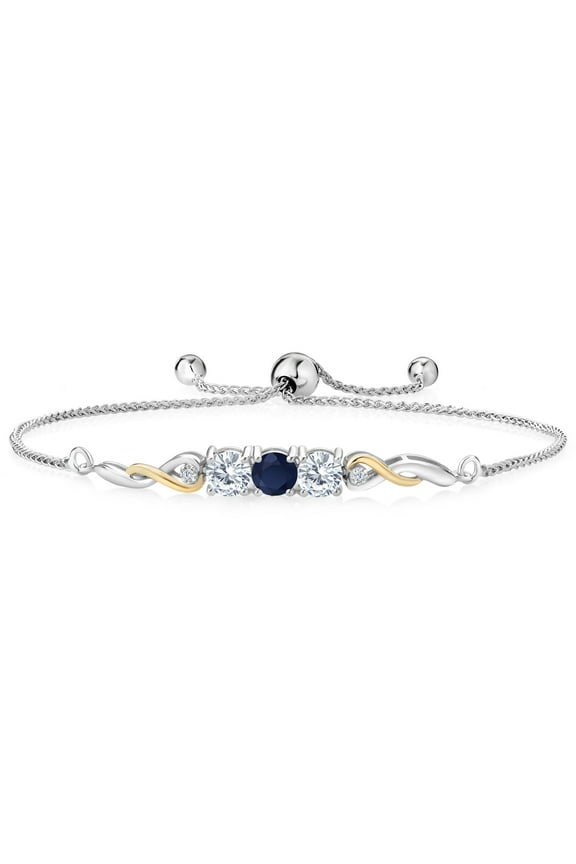 925 Sterling Silver and 10K Yellow Gold Blue Sapphire White Moissanite and White Lab Grown Diamond Tennis Bracelet for Women (1.62 Cttw, Gemstone September Birthstone, Fully Adjustable up to 9 inch)