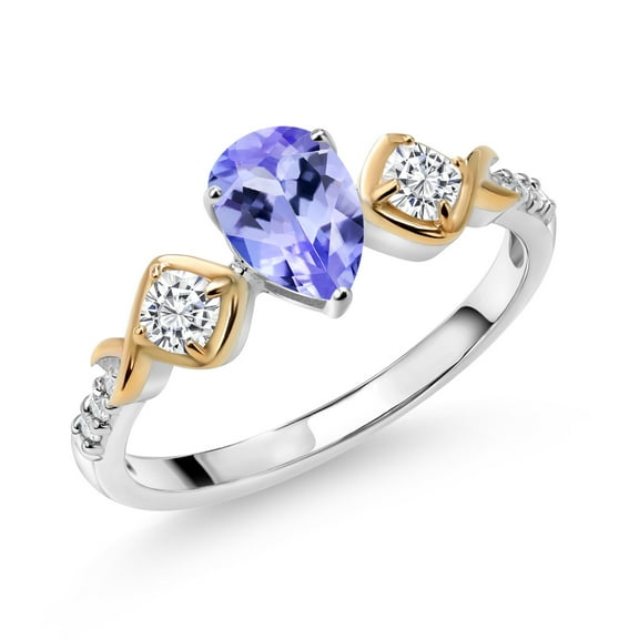 Gem Stone King 0.97 Cttw Blue Tanzanite White Moissanite and White Lab Grown Diamond Women Ring for Women | 925 Sterling Silver and 10K Yellow Gold | Pear Shape 7X5MM | Size 8