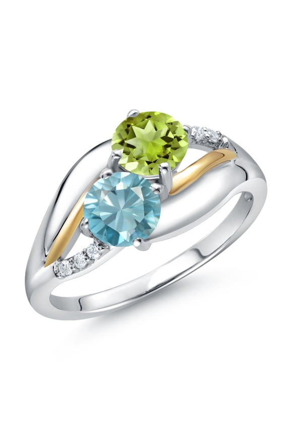 925 Sterling Silver and 10K Yellow Gold Blue Zircon Green Peridot and Lab Grown Diamond 2 Stone Engagement Ring for Women (1.44 Cttw, Round 5MM, December Birthstone, Size 5)