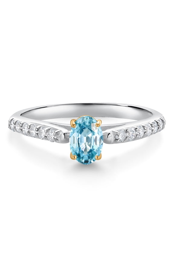 925 Sterling Silver and 10K Yellow Gold Blue Zircon and White Lab Grown Diamond Engagement Ring for Women (0.83 Cttw, Oval 6X4MM, Gemstone December Birthstone, Size 5)
