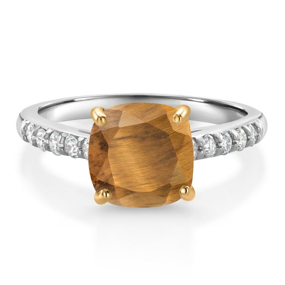 Gem Stone King 925 Sterling Silver and 10K Yellow Gold Brown Tiger Eye and White Lab Grown Diamond Engagement Ring for Women (2.20 Cttw, Cushion 8MM, Gemstone Birthstone, Size 6)