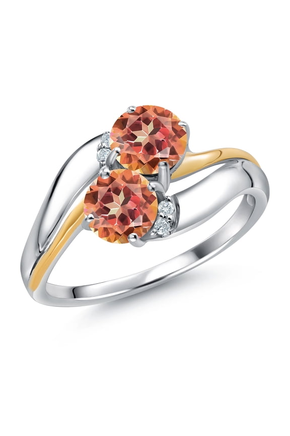 925 Sterling Silver and 10K Yellow Gold Ecstasy Mystic Topaz 5MM Round 2 Stone and White Lab Grown Diamond Accent Ring for Women (2.03 Cttw, Gemstone Birthstone, Size 7)