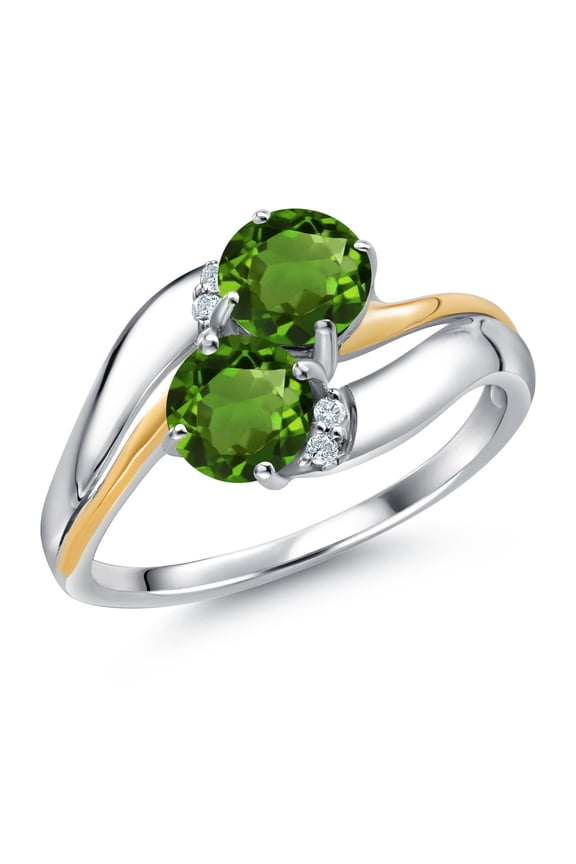 925 Sterling Silver and 10K Yellow Gold Green Chrome Diopside 5MM Round 2 Stone and White Lab Grown Diamond Accent Ring for Women (1.03 Cttw, Gemstone Birthstone, Size 5)
