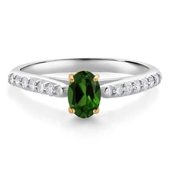 Gem Stone King 925 Sterling Silver and 10K Yellow Gold Green Chrome Diopside and White Lab Grown Diamond Engagement Ring for Women (0.73 Cttw, Oval 6X4MM, Gemstone Birthstone, Size 6)