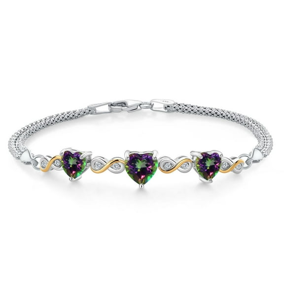 925 Sterling Silver and 10K Yellow Gold Green Mystic Topaz and White Lab Grown Diamond Bracelet for Women (3.48 Cttw, Gemstone November Birthstone, Heart 7MM and 6MM, 6.5/7/7.5 inch, Made in Italy)