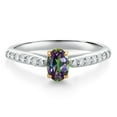 thumbnail image 1 of Gem Stone King 925 Sterling Silver and 10K Yellow Gold Green Mystic Topaz and White Lab Grown Diamond Engagement Ring for Women (0.78 Cttw, Oval 6X4MM, Gemstone Birthstone, Size 6), 1 of 4