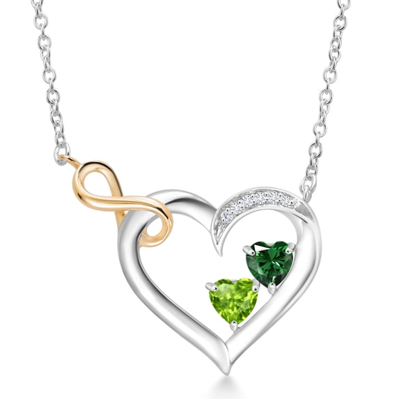 925 Sterling Silver and 10K Yellow Gold Green Nano Emerald Green Peridot and White Lab Grown Diamond Infinity Heart Pendant Necklace for Women (0.73 Cttw, Heart Shape 4MM, with 18 inch Chain)