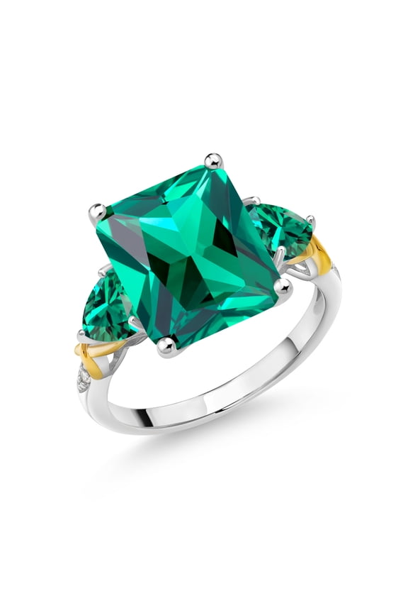 6.44 Cttw Green Nano Emerald and White Diamond 3-Stone Ring for Women | 925 Sterling Silver and 10K Yellow Gold |Gemstone May Birthstone | Emerald Cut 12X10MM | Size 8