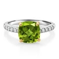 thumbnail image 1 of Gem Stone King 925 Sterling Silver and 10K Yellow Gold Green Peridot and White Lab Grown Diamond Engagement Ring for Women (2.65 Cttw, Cushion 8MM, Gemstone August Birthstone, Size 7), 1 of 4