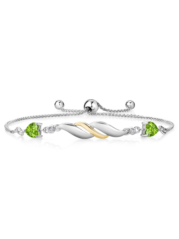 925 Sterling Silver and 10K Yellow Gold Green Peridot and White Lab Grown Diamond Tennis Bracelet for Women (1.02 Cttw, Heart Shape 5MM, Gemstone Birthstone, Fully Adjustable up to 9 inch)