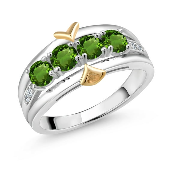 925 Sterling Silver and 10K Yellow Gold Green Tourmaline and White Lab Grown Diamond 4-Stone Wedding Band Ring for Women (1.05 Cttw, Gemstone October Birthstone, Available in Size 5, 6, 7, 8, 9)