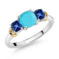 thumbnail image 1 of 925 Sterling Silver and 10K Yellow Gold Green Turquoise and Blue Created Sapphire 3 Stone Engagement Ring for Women (1.59 Cttw, Cushion Cut 6MM and 4MM, Available in Size 5, 6, 7, 8, 9), 1 of 4