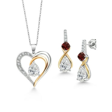 925 Sterling Silver and 10K Yellow Gold IGI Certified Lab Grown Diamond and Garnet Pendant Necklace Earrings Set for Women | 4.00 Cttw | 3 Pear Shaped Diamonds Each 1.00 Ct | F-G Color | VS1 Clarity