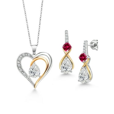 925 Sterling Silver & 10K Yellow Gold IGI Certified Lab Grown Diamond & Red Created Ruby Necklace Earrings Set for Women | 3.82 Cttw | 3 Pear Shaped Diamonds Each 1.00 Ct | F-G Color | VS1 Clarity
