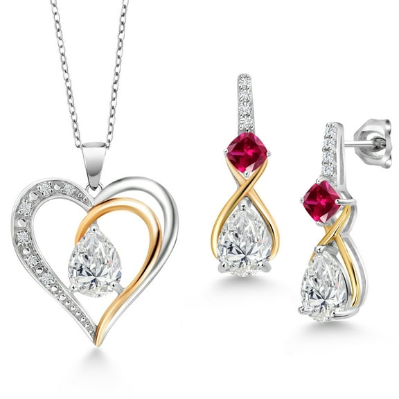 925 Sterling Silver & 10K Yellow Gold IGI Certified Lab Grown Diamond & Red Created Ruby Necklace Earrings Set for Women | 3.82 Cttw | 3 Pear Shaped Diamonds Each 1.00 Ct | F-G Color | VS1 Clarity