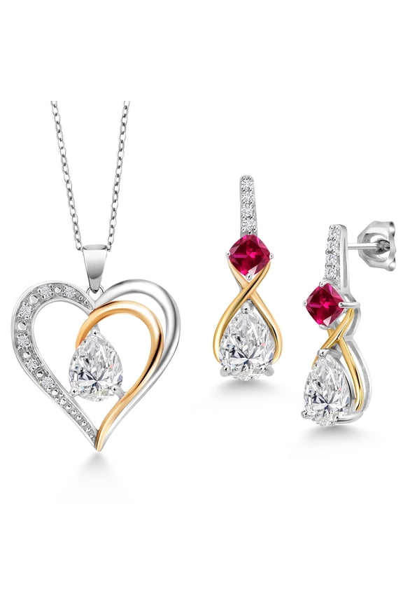 925 Sterling Silver & 10K Yellow Gold IGI Certified Lab Grown Diamond & Red Created Ruby Necklace Earrings Set for Women | 3.82 Cttw | 3 Pear Shaped Diamonds Each 1.00 Ct | F-G Color | VS1 Clarity