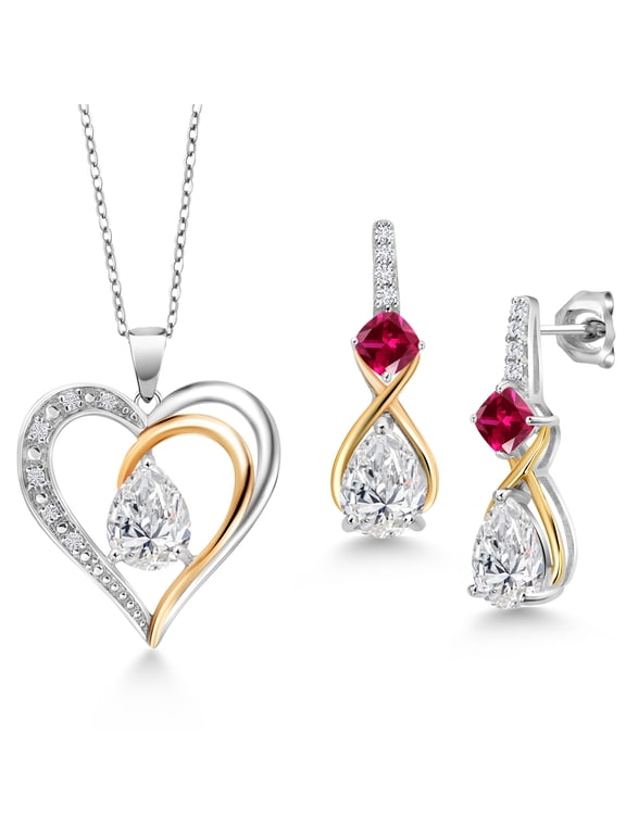 925 Sterling Silver & 10K Yellow Gold IGI Certified Lab Grown Diamond & Red Created Ruby Necklace Earrings Set for Women | 3.82 Cttw | 3 Pear Shaped Diamonds Each 1.00 Ct | F-G Color | VS1 Clarity