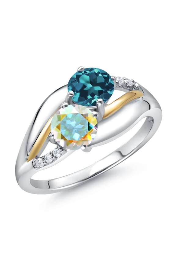 925 Sterling Silver and 10K Yellow Gold Mercury Mist Mystic Topaz London Blue Topaz and Lab Grown Diamond 2 Stone Engagement Ring for Women (1.29 Cttw, Round 5MM, , Size 9)