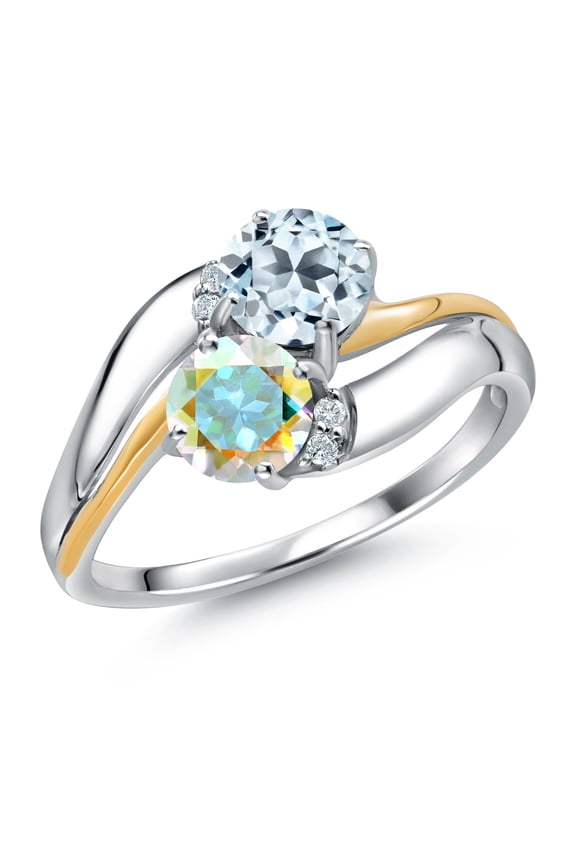 925 Sterling Silver and 10K Yellow Gold Mercury Mist Mystic Topaz Sky Blue Topaz 2 Stone and Lab Grown Diamond Accent Ring for Women (1.28 Cttw, Gemstone Birthstone, Size 9)