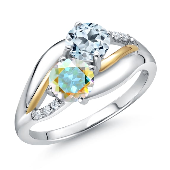 Gem Stone King 925 Sterling Silver and 10K Yellow Gold Mercury Mist Mystic Topaz Sky Blue Topaz and Lab Grown Diamond 2 Stone Engagement Ring for Women (1.29 Cttw, Round 5MM, , Size 8)