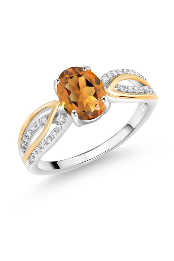 925 Sterling Silver and 10K Yellow Gold Orange Red Madeira Citrine and White Lab Grown Diamond Engagement Ring for Women (1.24 Cttw, Gemstone Birthstone, Available in Size 5, 6, 7, 8, 9)