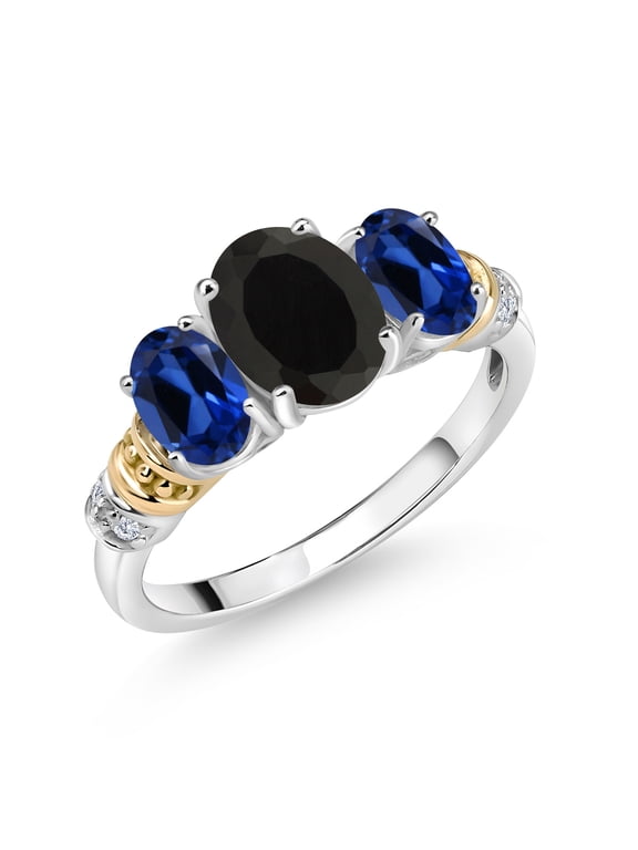 925 Sterling Silver and 10K Yellow Gold Oval Black Onyx Blue Created Sapphire and White Diamond 3 Stone Ring for Women (2.83 Cttw, Gemstone December Birthstone, Size 8)