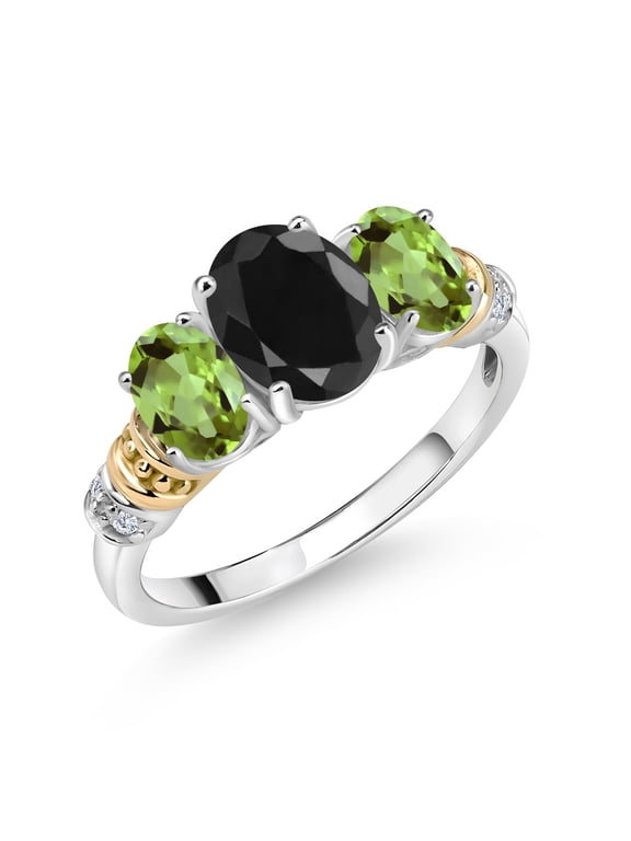 925 Sterling Silver and 10K Yellow Gold Oval Black Sapphire Green Peridot and White Diamond 3 Stone Ring for Women (2.69 Cttw, Gemstone September Birthstone, Size 5)