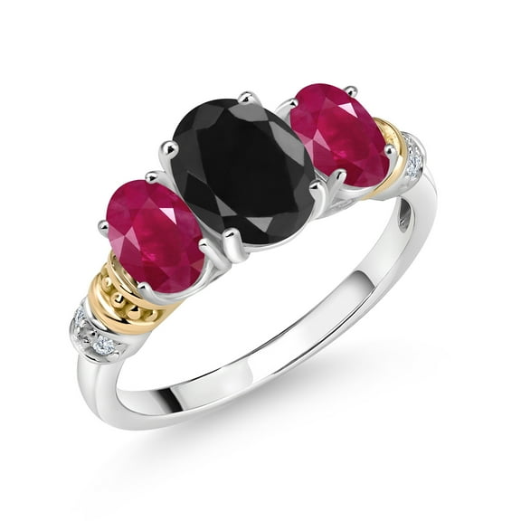 Gem Stone King 925 Sterling Silver and 10K Yellow Gold Oval Black Sapphire Red Ruby and White Diamond 3 Stone Ring for Women (2.89 Cttw, Gemstone September Birthstone, Size 7)