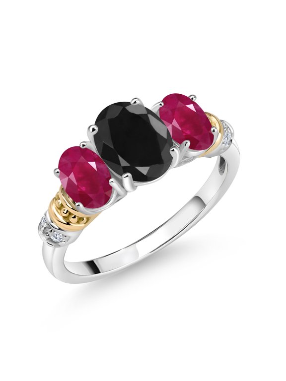 925 Sterling Silver and 10K Yellow Gold Oval Black Sapphire Red Ruby and White Diamond 3 Stone Ring for Women (2.89 Cttw, Gemstone September Birthstone, Size 6)