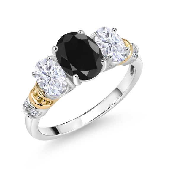 Gem Stone King 925 Sterling Silver and 10K Yellow Gold Oval Black Sapphire White Moissanite and White Diamond 3 Stone Ring for Women (2.69 Cttw, Gemstone September Birthstone, Size 9)