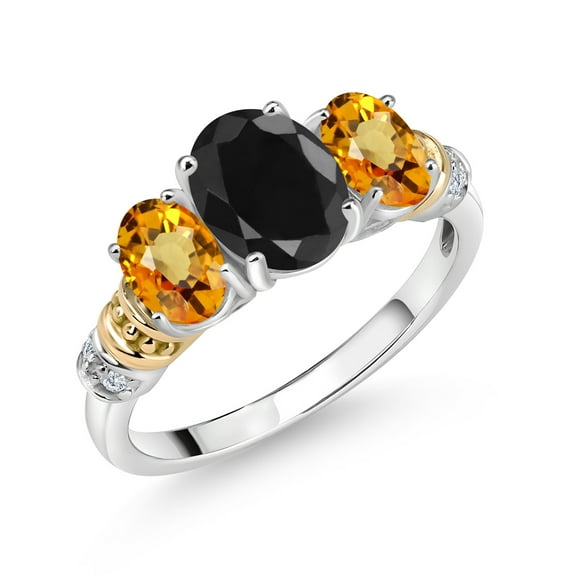 Gem Stone King 925 Sterling Silver and 10K Yellow Gold Oval Black Sapphire Yellow Sapphire and White Diamond 3 Stone Ring for Women (2.92 Cttw, Gemstone September Birthstone, Size 7)