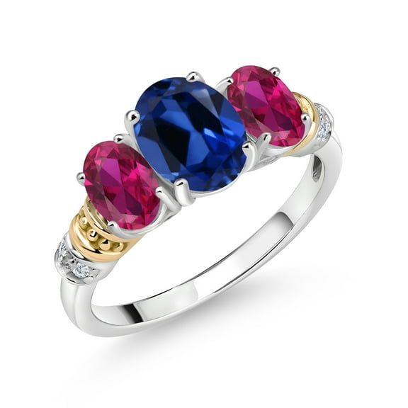 Gem Stone King 925 Sterling Silver and 10K Yellow Gold Oval Blue Created Sapphire Red Created Ruby and White Diamond 3 Stone Ring for Women (2.63 Cttw, Gemstone September Birthstone, Size 7)
