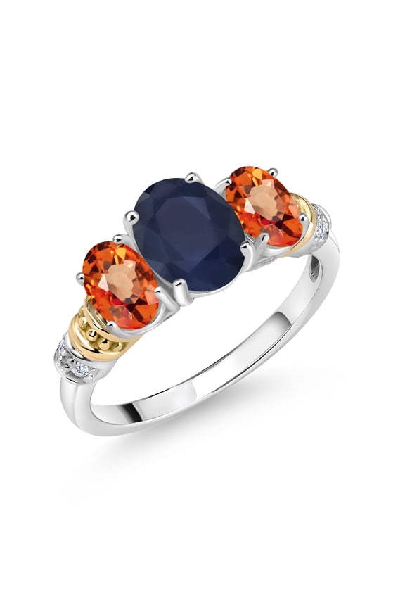 925 Sterling Silver and 10K Yellow Gold Oval Blue Sapphire Orange Sapphire and White Diamond 3 Stone Ring for Women (2.93 Cttw, Gemstone September Birthstone, Size 7)