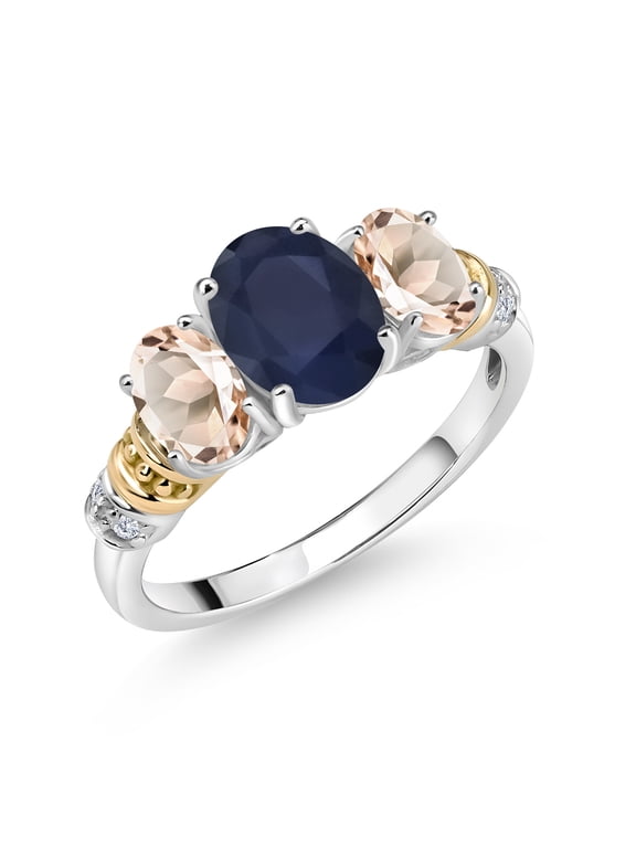 925 Sterling Silver and 10K Yellow Gold Oval Blue Sapphire Peach Morganite and White Diamond 3 Stone Ring for Women (2.83 Cttw, Gemstone September Birthstone, Size 6)