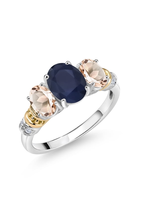 925 Sterling Silver and 10K Yellow Gold Oval Blue Sapphire Peach Morganite and White Diamond 3 Stone Ring for Women (2.83 Cttw, Gemstone September Birthstone, Size 8)