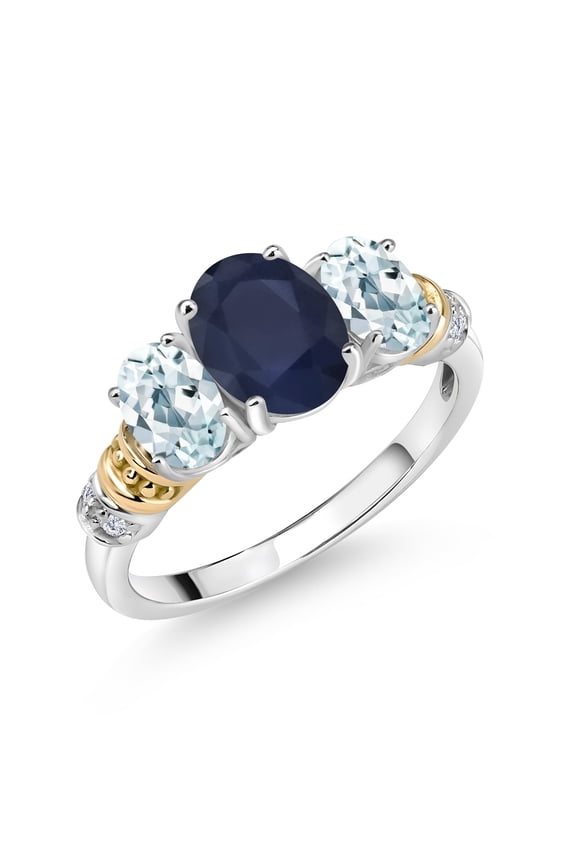 925 Sterling Silver and 10K Yellow Gold Oval Blue Sapphire Sky Blue Aquamarine and White Diamond 3 Stone Ring for Women (2.83 Cttw, Gemstone September Birthstone, Size 7)