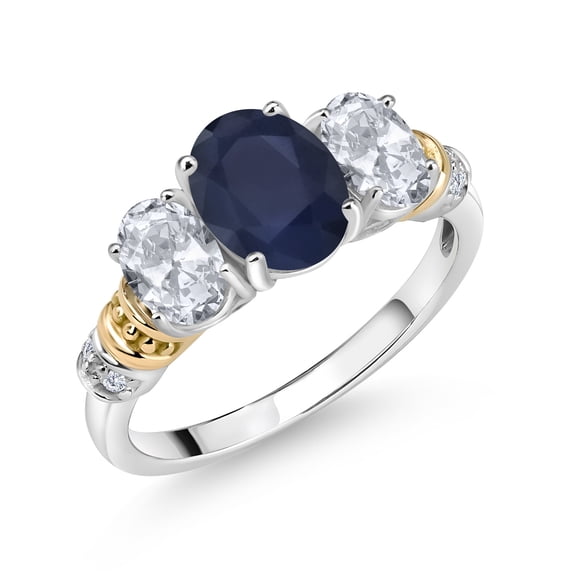 Gem Stone King 925 Sterling Silver and 10K Yellow Gold Oval Blue Sapphire White Topaz and White Diamond 3 Stone Ring for Women (3.03 Cttw, Gemstone September Birthstone, Size 9)
