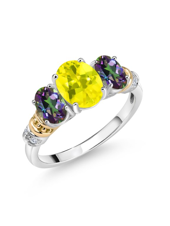 925 Sterling Silver and 10K Yellow Gold Oval Canary Mystic Topaz Green Mystic Topaz and White Diamond 3 Stone Ring for Women (2.79 Cttw, Gemstone Birthstone, Size 5)