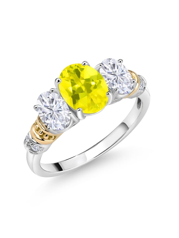 925 Sterling Silver and 10K Yellow Gold Oval Canary Mystic Topaz White Moissanite and White Diamond 3 Stone Ring for Women (2.59 Cttw, Gemstone Birthstone, Size 8)