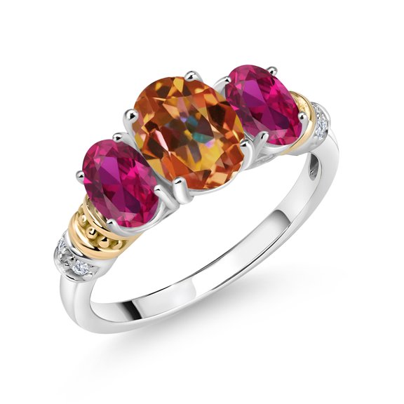 925 Sterling Silver and 10K Yellow Gold Oval Ecstasy Mystic Topaz Red Created Ruby and White Diamond 3 Stone Ring for Women (2.53 Cttw, Gemstone Birthstone, Available in Size 5, 6, 7, 8, 9)