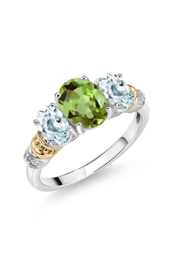 925 Sterling Silver and 10K Yellow Gold Oval Green Peridot Sky Blue Aquamarine and White Diamond 3 Stone Ring for Women (2.45 Cttw, Gemstone August Birthstone, Size 9)