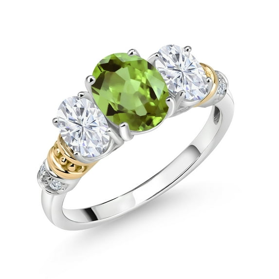 Gem Stone King 925 Sterling Silver and 10K Yellow Gold Oval Green Peridot White Moissanite and White Diamond 3 Stone Ring for Women (2.45 Cttw, Gemstone August Birthstone, Size 6)
