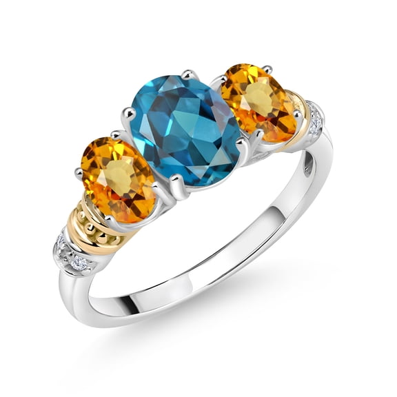 Gem Stone King 925 Sterling Silver and 10K Yellow Gold Oval London Blue Topaz Yellow Sapphire and White Diamond 3 Stone Ring for Women (2.76 Cttw, Gemstone November Birthstone, Size 6)