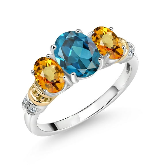 Gem Stone King 925 Sterling Silver and 10K Yellow Gold Oval London Blue Topaz Yellow Sapphire and White Diamond 3 Stone Ring for Women (2.76 Cttw, Gemstone November Birthstone, Size 8)