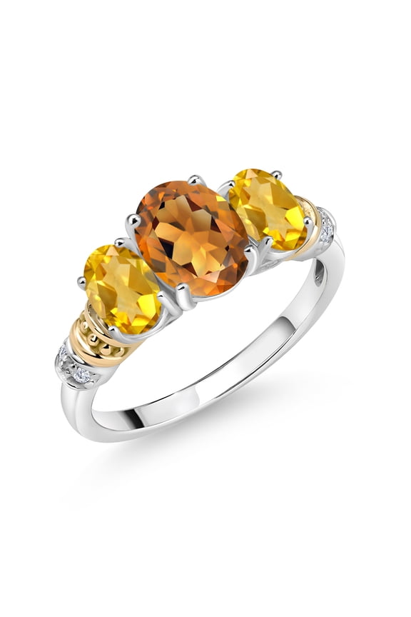 925 Sterling Silver and 10K Yellow Gold Oval Orange Red Madeira Citrine Yellow Citrine and White Diamond 3 Stone Ring for Women (2.03 Cttw, Gemstone Birthstone, Size 9)