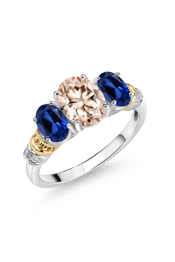 925 Sterling Silver and 10K Yellow Gold Oval Peach Morganite Blue Created Sapphire and White Diamond 3 Stone Ring for Women (2.23 Cttw, Gemstone October Birthstone, Size 6)