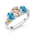 thumbnail image 1 of Gem Stone King 925 Sterling Silver and 10K Yellow Gold Oval Peach Morganite Swiss Blue Topaz and White Diamond 3 Stone Ring for Women (2.13 Cttw, Gemstone October Birthstone, Size 5), 1 of 3