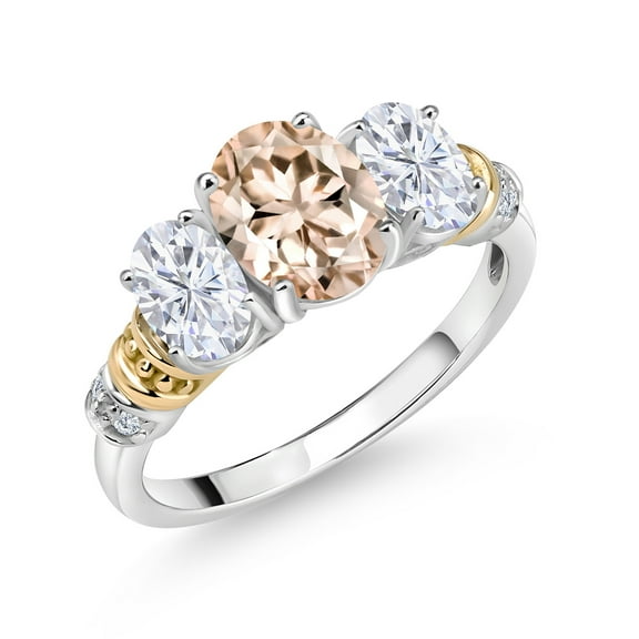 Gem Stone King 925 Sterling Silver and 10K Yellow Gold Oval Peach Morganite White Moissanite and White Diamond 3 Stone Ring for Women (2.03 Cttw, Gemstone October Birthstone, Size 6)
